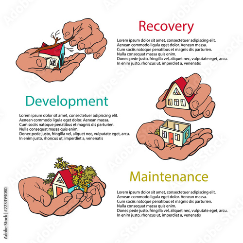 Business concept of Recovery, Development, Maintenance. Hands holding house. Disaster recovery concept. Vector horizontal banners.