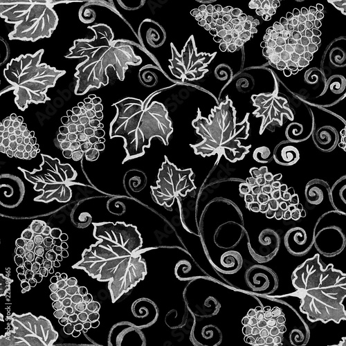 Black grapes seamless pattern watercolor