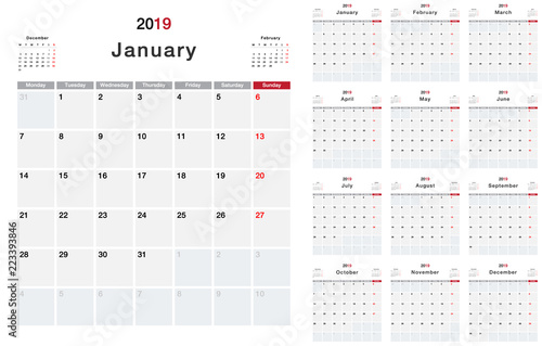 Calendar year 2019 horizontal vector design template, simple and clean design. Calendar for 2019 on White Background for organization and business. Week Starts Monday. Simple Vector Template. EPS10. 
