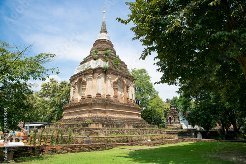 Ancient pagod at Wat Chet Yot, old buddhist temple in Chiang Mai in northern Thailand