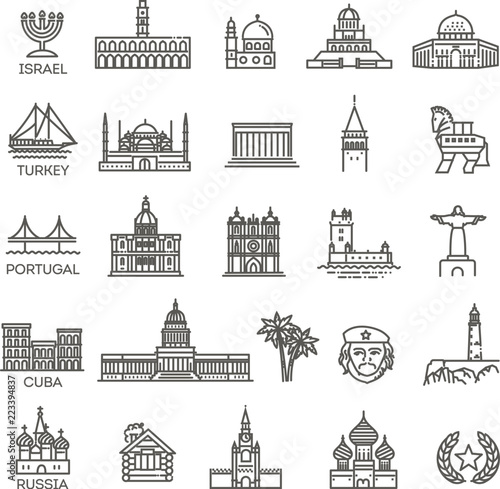 Simple linear Vector icon set representing global tourist landmarks and travel destinations for vacations photo