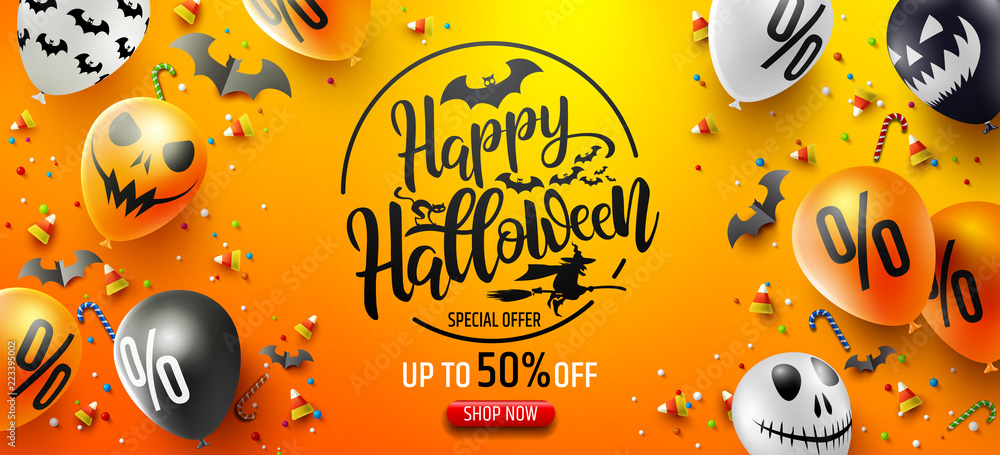 Fototapeta premium Halloween Sale Promotion Poster with Halloween candy and Halloween Ghost Balloons on Orange background.Scary air balloons.Website spooky or banner template.Vector illustration EPS10