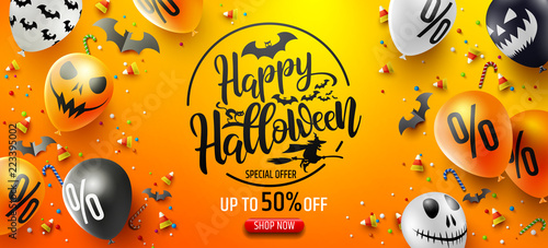 Halloween Sale Promotion Poster with Halloween candy and Halloween Ghost Balloons on Orange background.Scary air balloons.Website spooky or banner template.Vector illustration EPS10