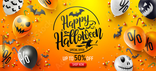 Halloween Sale Promotion Poster with Halloween candy and Halloween Ghost Balloons on Orange background.Scary air balloons.Website spooky or banner  template.Vector illustration EPS10