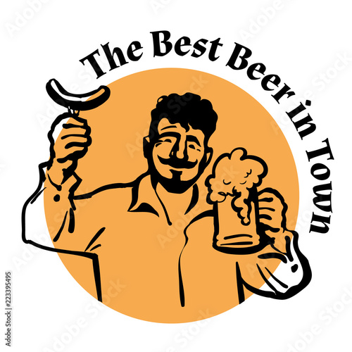 Man with beer mug and sausage.Twxt The Best Beer in Town. Vector.