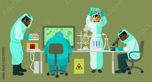 Scientists in protective suits are working with bio hazardous substances. Virologists are carrying out research in the medical laboratory. Vector.
