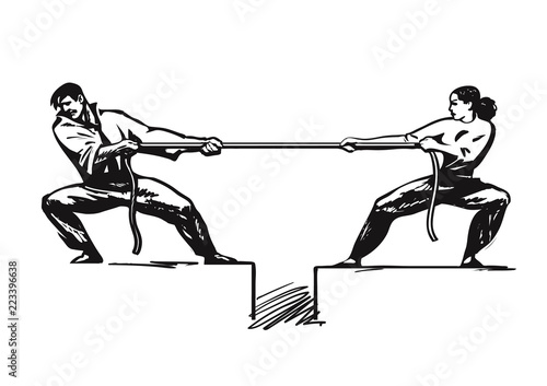 Tug of war. Man and woman are pulling rope. Business competitive concept. Couple fighting. Gender conflict. Psychology of relationships. Vector
