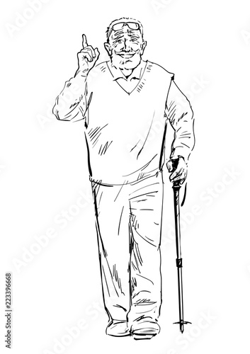 Sketch of an smiling old man walking with a tracking stick. Hand drawn vector illustration isolated