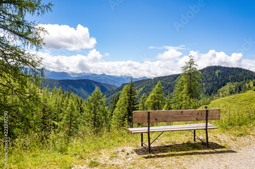 Wooden bench with a view, Austria, Styria