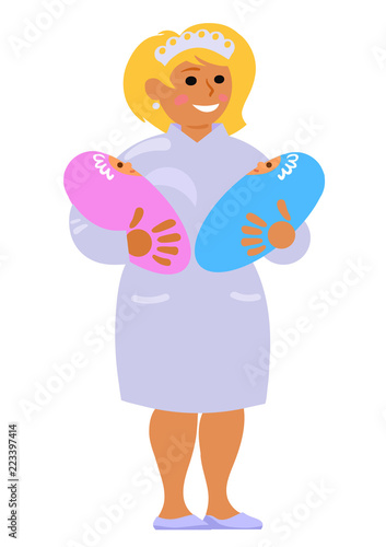 Maternity nurse holding two babies. Smiling midwife carrying twins. Cartoon vector illustration.