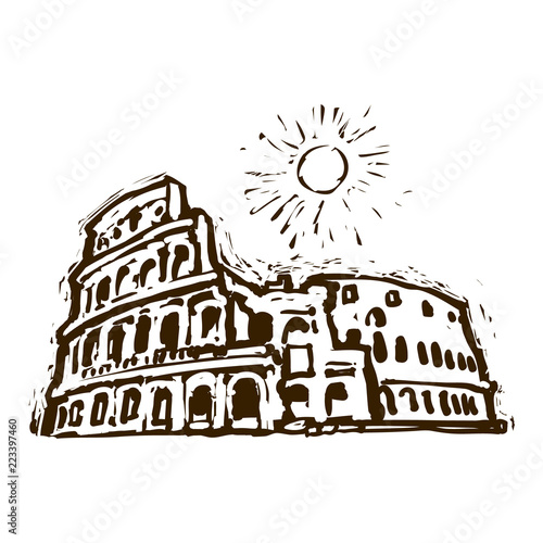 Colosseum in Rome, Italy. Hand drawn sketch vector. Linocut engraving effect.
