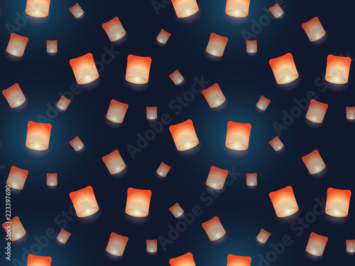 Chinese Sky lanterns, floating. Make a wish in a dark night. Vector pattern. Chinese New Year.