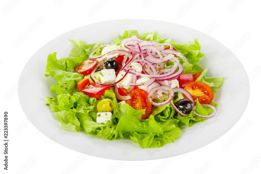 Greek salad with feta, olives, lettuce, red onion, cucumber, cherry tomato, bell pepper, oil on plate, white isolated background Side view. For the menu, restaurant bar cafe Greek salad with feta, olives, lettuce, red onion, cucumber, cherry tomato, bell pepper, oil on plate, white isolated background Side view. For the menu, restaurant bar cafe