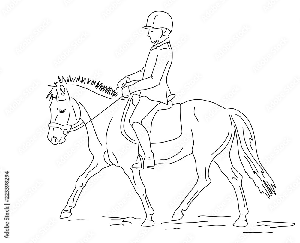 А sketch of a young rider on a pony. А sketch of a young rider on a pony.