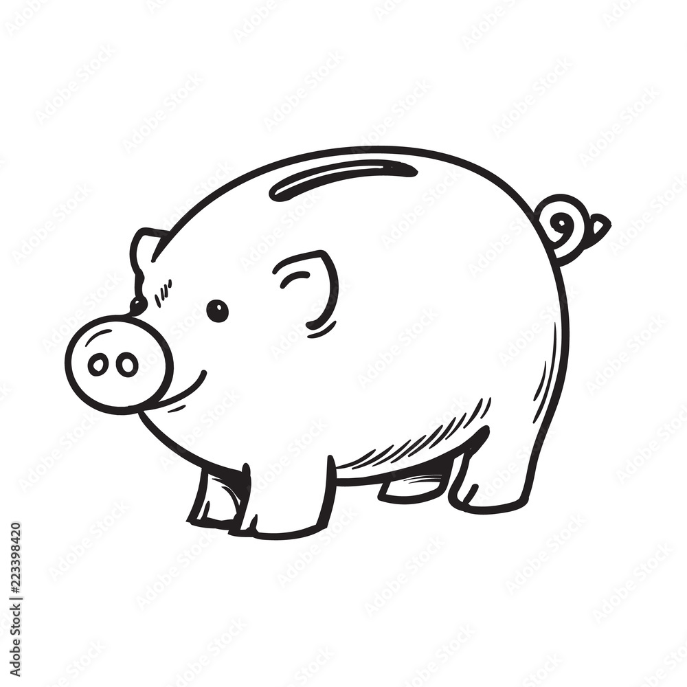 Black and white sketch of funny piggy bank. Vector illustration. Black and white sketch of funny piggy bank. Vector illustration.
