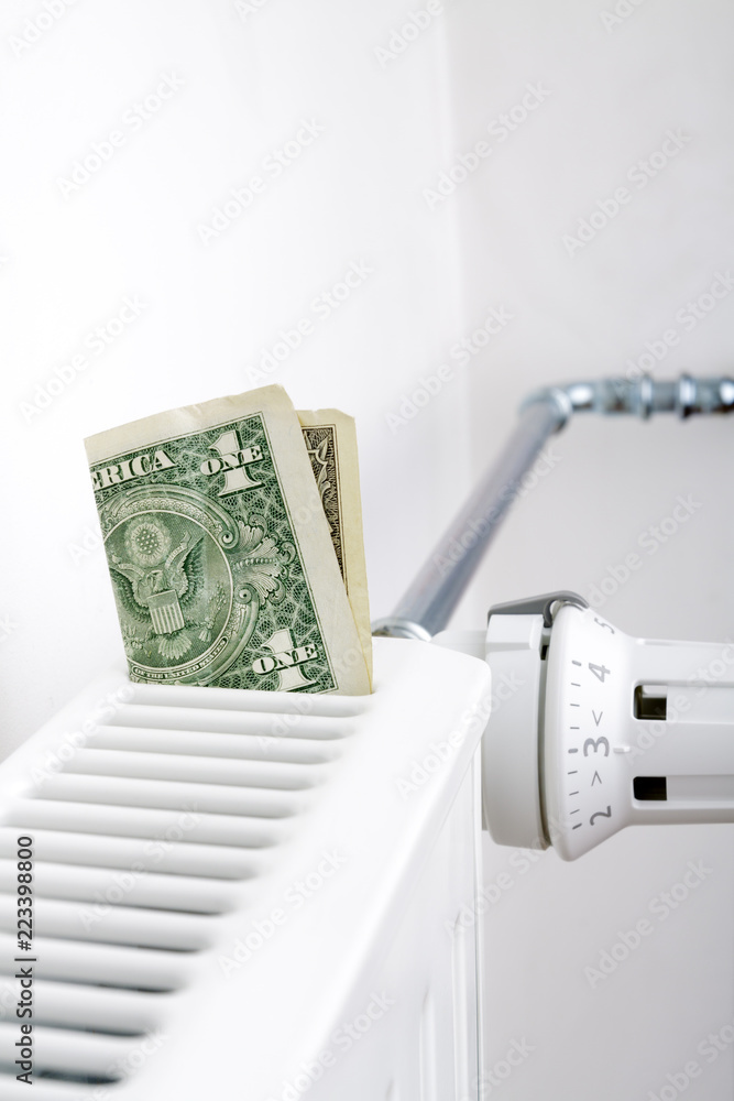 Radiator and one dollar. Money on heating battery. Radiator and one dollar. Money on heating battery.