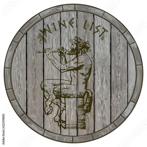 Satyr playing flute against wooden barrel. Hand drawn vector illustration in old engraving style. Wine list design.