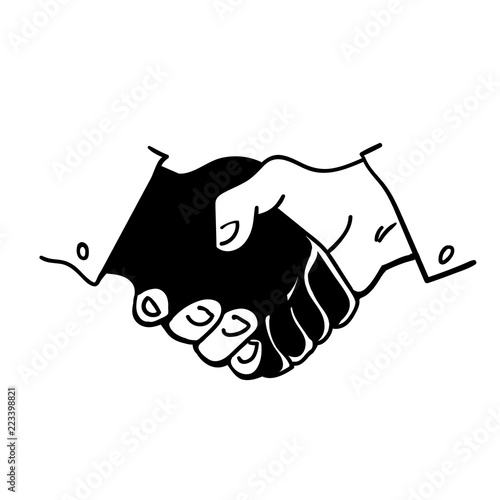 Black and white human hands in a handshake. Hand drawn vector sketch style illustration.