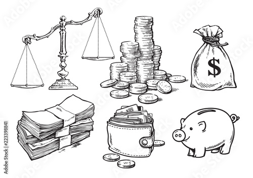 Finance, money set. Scales, stack of coins sack of dollars paper money wallet piggy bank Hand drawn vector sketch .