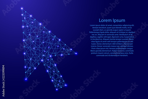 mouse pointer arrow symbol from futuristic polygonal blue lines and glowing stars for banner, poster, greeting card. Vector illustration.