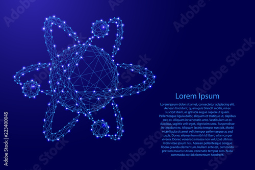 atom molecule with trajectories icon-illustration symbol chemistry physics science symbol from futuristic polygonal blue lines and glowing stars for banner, poster, greeting card. Vector illustration.