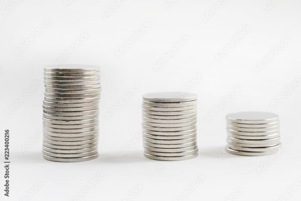 Coins stacks background on white background,Empty with copy space for text. Coins stacks background on white background,Empty with copy space for text.