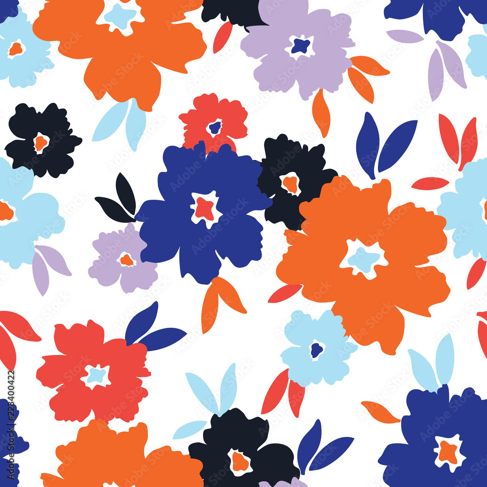 Bold stylized flowers scattered on white background vector seamless pattern Bold stylized flowers scattered on white background vector seamless pattern