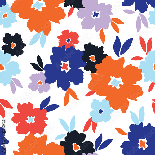 Bold stylized flowers scattered on white background vector seamless pattern