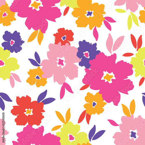 Colourful graphic large scale blooms on white background vector seamless pattern