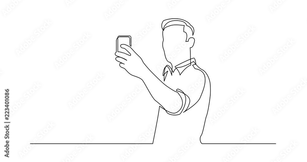 Animation of continuous line drawing of standing man making selfie with his mobile phone Animation of continuous line drawing of standing man making selfie with his mobile phone