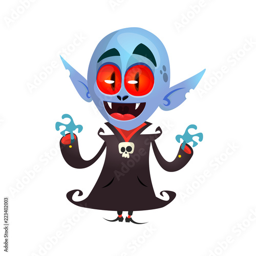 Cute cartoon vampire with red eyes. Vector illustration of dracula