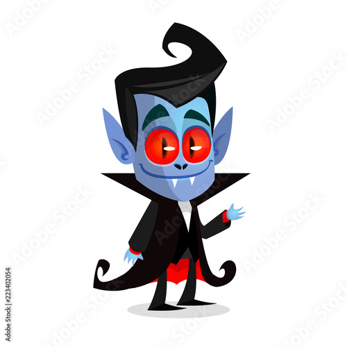 Cute cartoon vampire with red eyes. Vector illustration of dracula