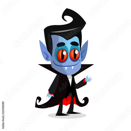 Cute cartoon vampire with red eyes. Vector illustration of dracula