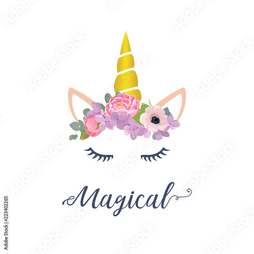 Cute unicorn vector graphic design. Cartoon unicorn head with flower crown illustration and inscription Magical