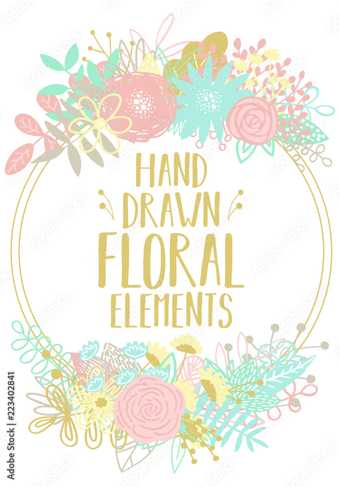 Vector illustration of a round frame, decorated with floral motifs for decoration of cards, invitations and interior. Image of cartoon hand-drawn floral elements around the frames.