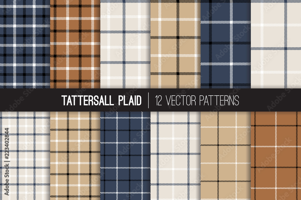 Vecteur Stock Navy, Brown, Gray Beige, White and Black Tattersall & Windowpane  Plaid Vector Patterns. Men's Fashion Fabric. Father's Day Background. Small  to Large Scale Check Textile Prints. Pattern Tile Swatches