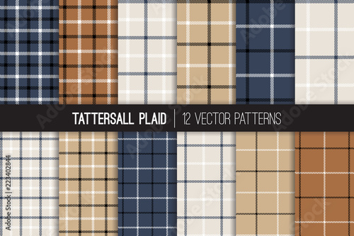 Navy, Brown, Gray Beige, White and Black Tattersall & Windowpane Plaid Vector Patterns. Men's Fashion Fabric. Father's Day Background. Small to Large Scale Check Textile Prints. Pattern Tile Swatches