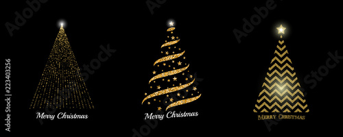 Christmas tree collection. Vector golden sparkling Christmas tree illustrations for background, card, banner design.