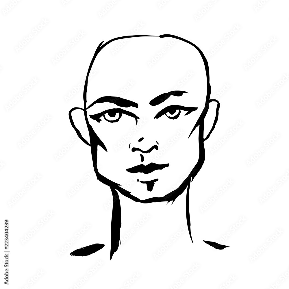 Brush grunge style simple portrait of bald-headed man. Ink handmade drawing. Modern vector illustration.