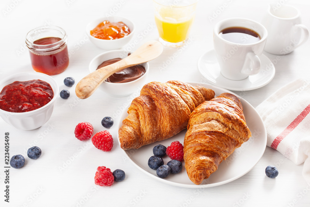 Continental breakfast with croissant, jam, chocolate spread and coffee