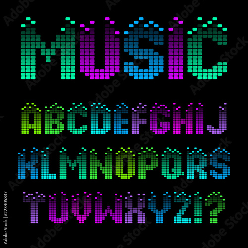 Alphabet in the form of an equalizer. Bright neon letters for Musical Flyer, Night Party poster or Club Invitation.