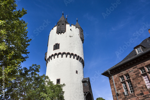 Germany  Rhine-Main area  Hanau  Steinheim  Famous white donjon tower in the castle park of the German town with mansion  museum  green tree and blue sky in the background - concept travel history