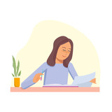Young woman sitting on the table and reading book and document. Vector flat illustration