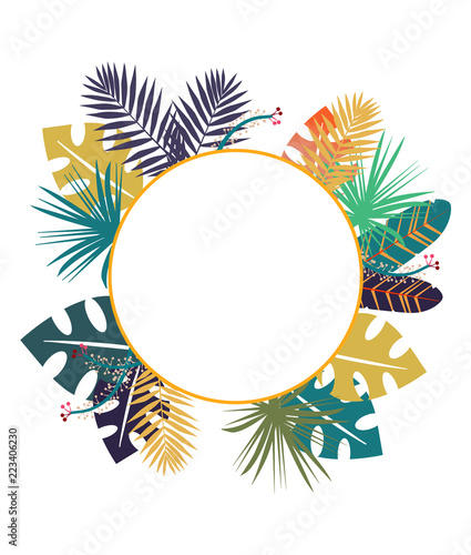 White round banner with tropical leaves. Herbal design with plants for cards  invitation  posters  save the date or greeting design. Isolated vector illustration.
