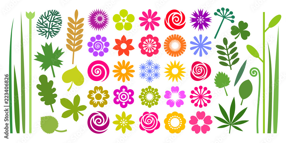Set of colorful summer flowers, leaves and stems in imple cartoon flat style. Set of colorful summer flowers, leaves and stems in imple cartoon flat style.