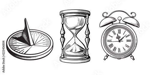 Set of different old clocks. Sundial, Hourglass, Alarm clock. Black and white hand drawn sketch vector.