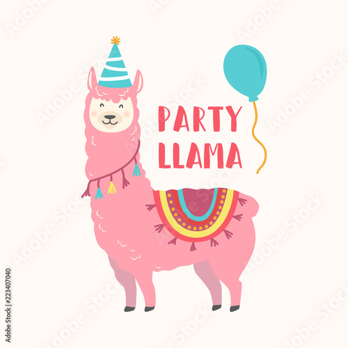 Happy birthday card with cute cartoon llama design