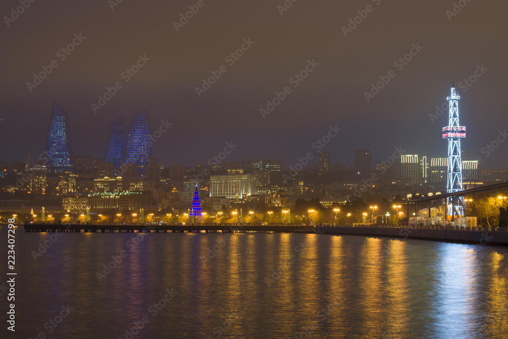 View of the Seaside Park and the Towers in the late January evening, Baku