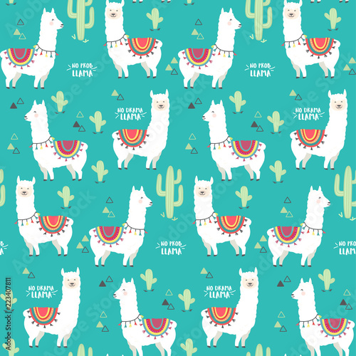 Cute white llama, alpaca and cactus seamless pattern design. Trendy cartoon llama vector background