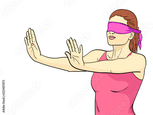 isolated object on white background. A retro young girl plays hide and seek, her eyes are tied, arms outstretched. The imitation of comic style. Vector